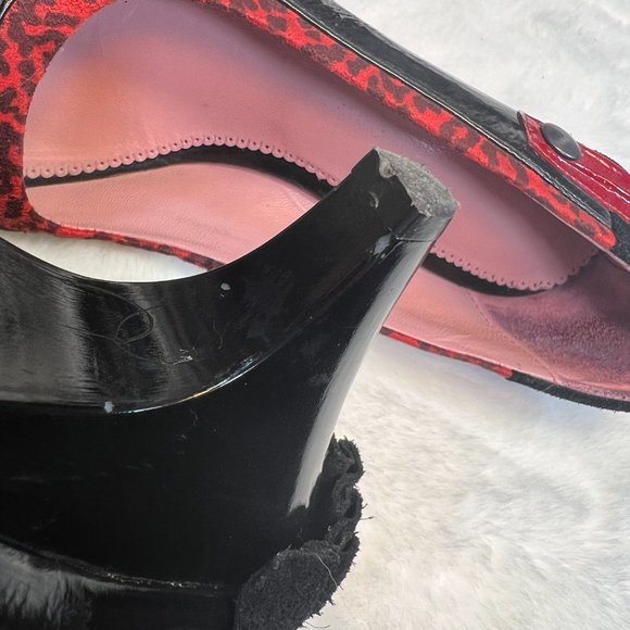 CHANII B Black Leather w Red Leopard Ruffle & Trim w Red Trim on Heels-38 - Picture 14 of 16